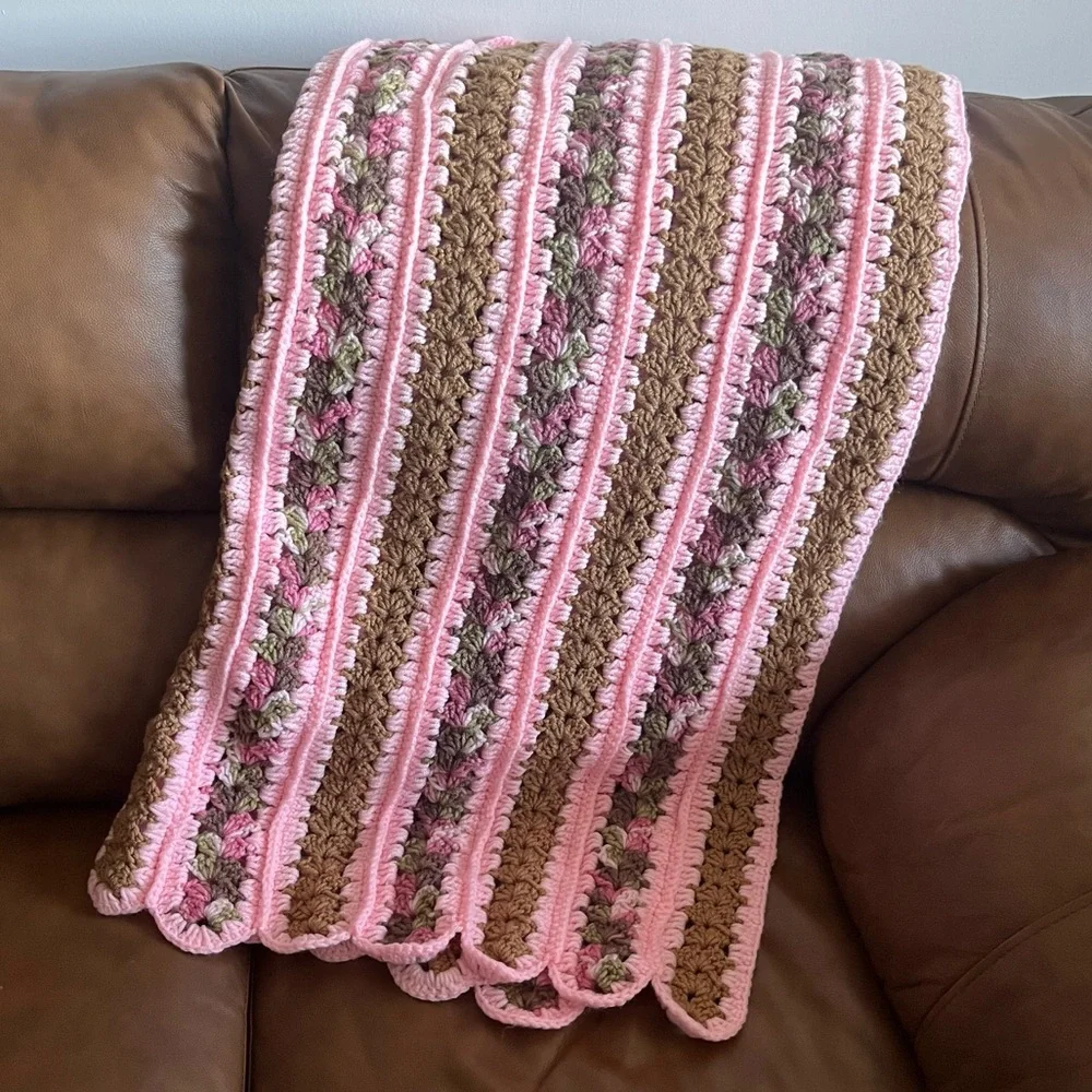 Pink and Olive Green Crochet Blanket